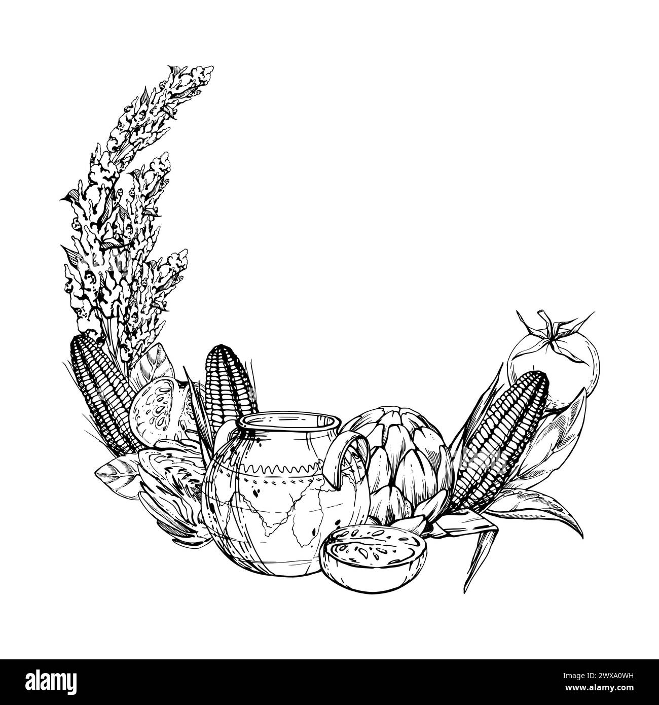 Hand gezeichnete Tinte Vektor-Illustration, Kochtopf Keramik Gemüseeintopf Mais Quinoa, südamerikanische Küche Wreath Rahmen isoliert auf weiß Stock Vektor