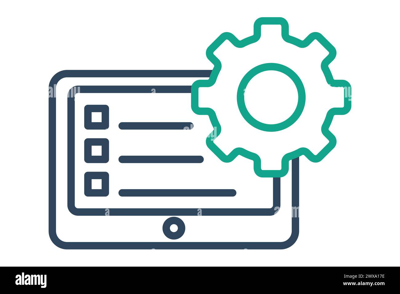 Symbol "Aktionsplan". Laptop und Checkliste mit Ausrüstung. Symbol, das sich auf das Geschäft bezieht. Liniensymbolstil. Elementabbildung. Stock Vektor