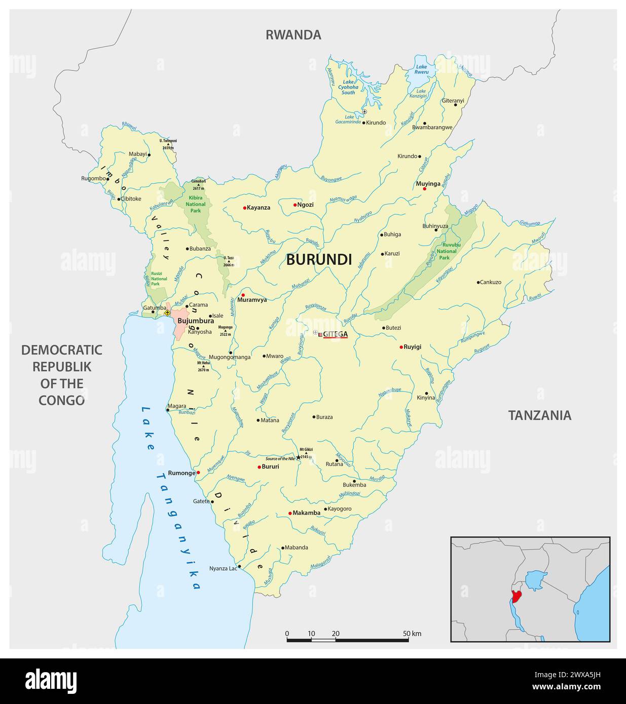 Vektorkarte des ostafrikanischen Staates Burundi Stockfoto
