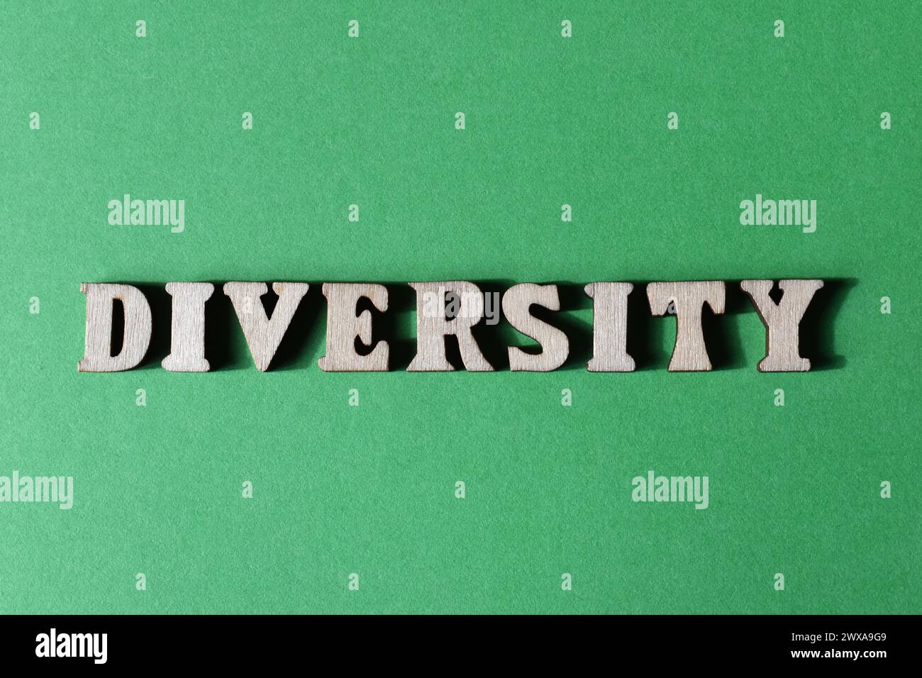 Diversität, Wort in Holzbuchstaben isoliert auf grünem Hintergrund als Bannerüberschrift Stockfoto