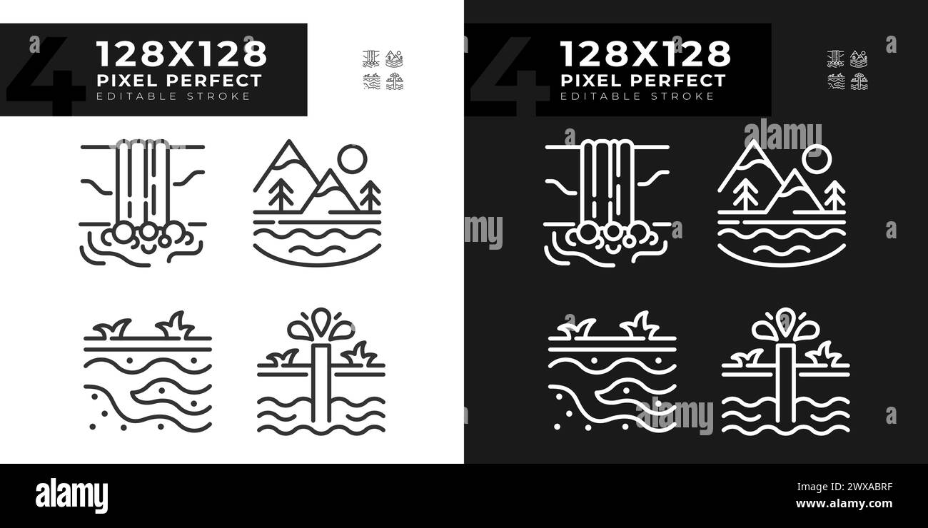 Lineare Symbole für natürliche Gewässer für den dunklen, hellen Modus Stock Vektor