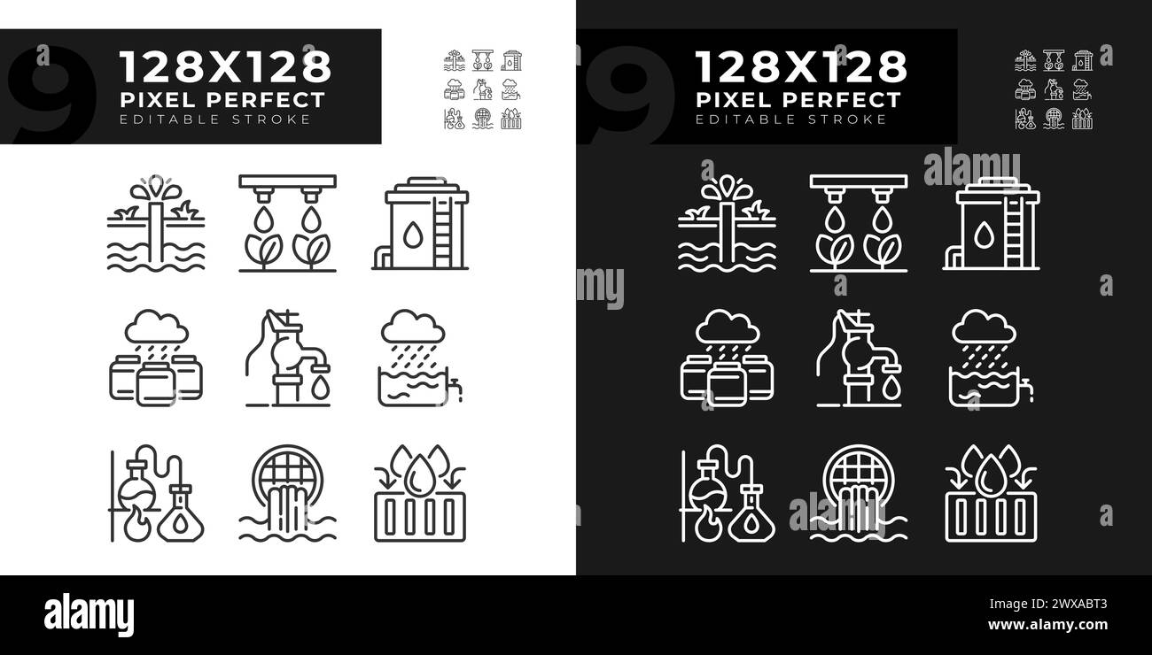 Lineare Symbole für die Wasserindustrie für den dunklen, hellen Modus Stock Vektor