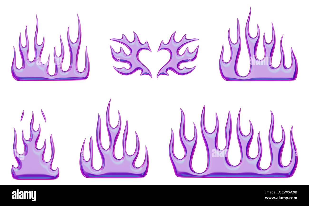 3D-Flammen. Set mit Stickern mit violettem brennendem Feuer und glänzendem Flüssigmetall-Effekt. Trendige Deko-Elemente im Stil der 2000er Jahre 3D-Rendering. Illustra Stockfoto