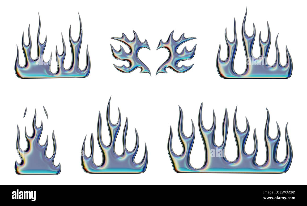 3D-Flammen. Set trendiger Y2K-Elemente. Verchromte Feuerformen mit schillerndem Effekt. 3D-Rendering. Die Abbildungen sind auf weißem Hintergrund isoliert. Stockfoto