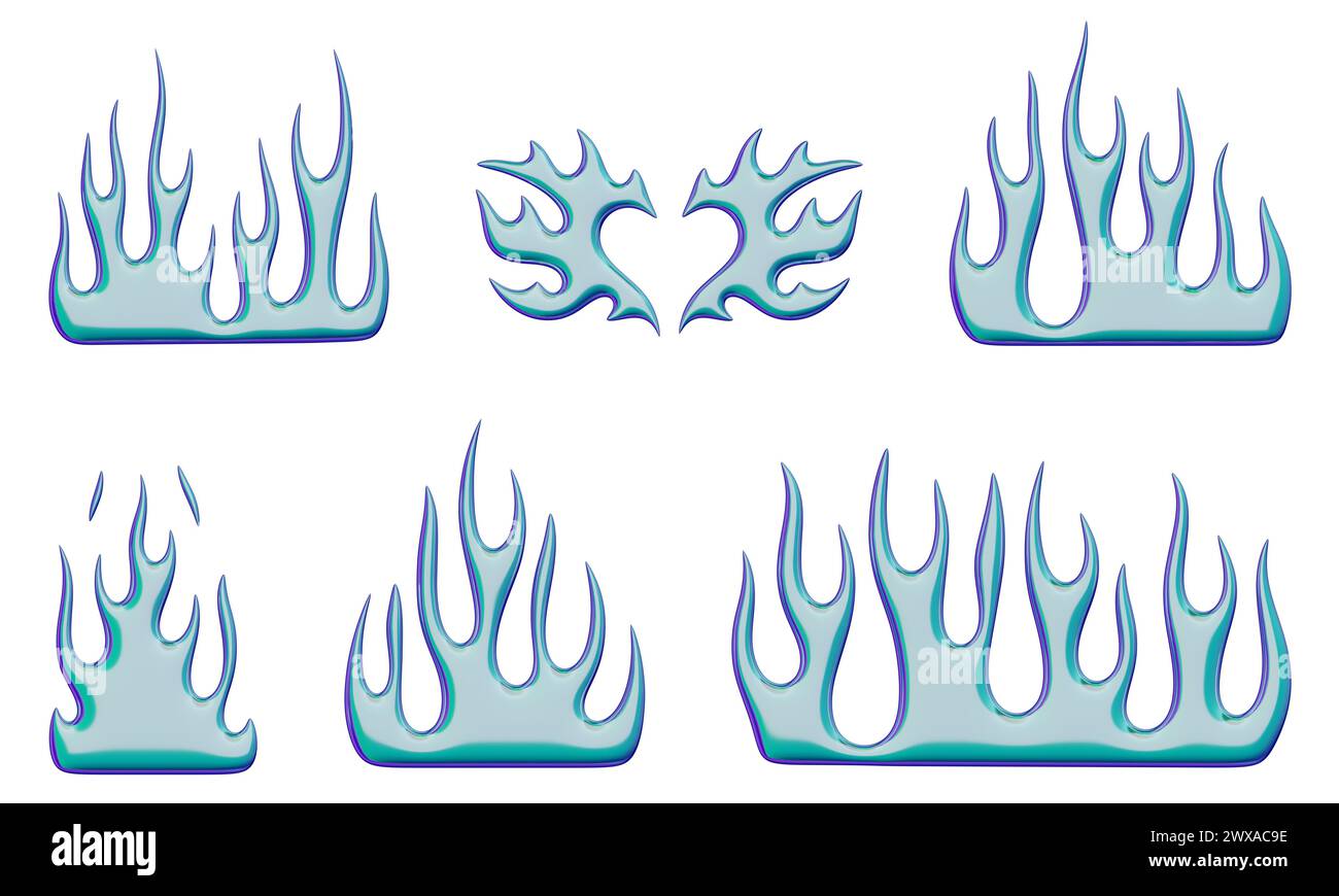 3D-Flammen. Set mit Stickern mit kaltem, blauem Feuer und glänzend flüssigem Metall-Effekt. Trendige Designelemente im Y2K-Stil. 3D-Rendering. Abbildungen Stockfoto
