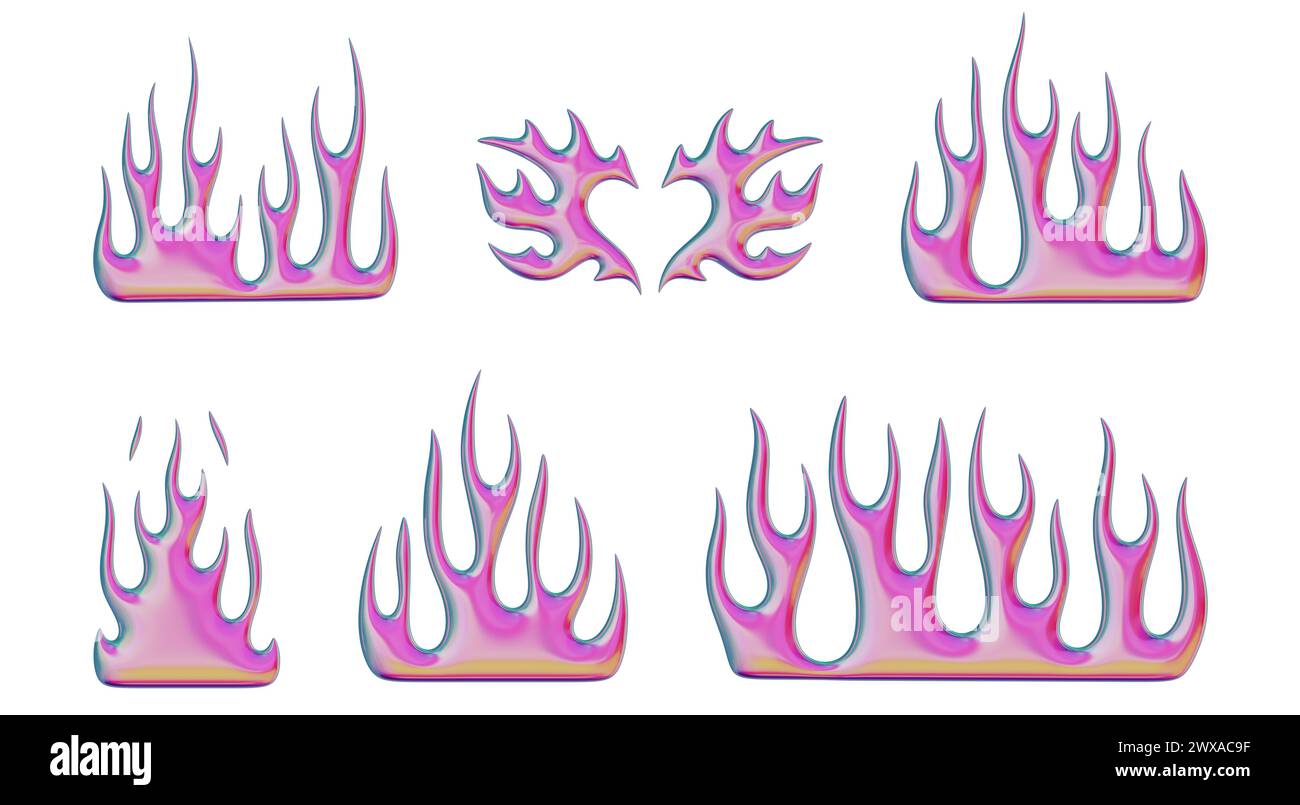 3D-Flammen. Set trendiger Y2K-Elemente. Verlaufende rosa brennende Feuerformen mit dem Effekt der Farbtransfusion. 3D-Rendering. Die Abbildungen sind isoliert Stockfoto