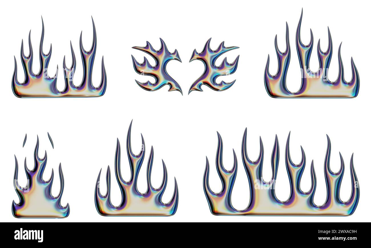 3D brennendes Feuer. Aufkleber mit verchromten Flammenformen mit Hochglanz-Flüssigmetall-Effekt. Trendige Y2K-Designelemente. 3D-Rendering. Abbildungen Stockfoto