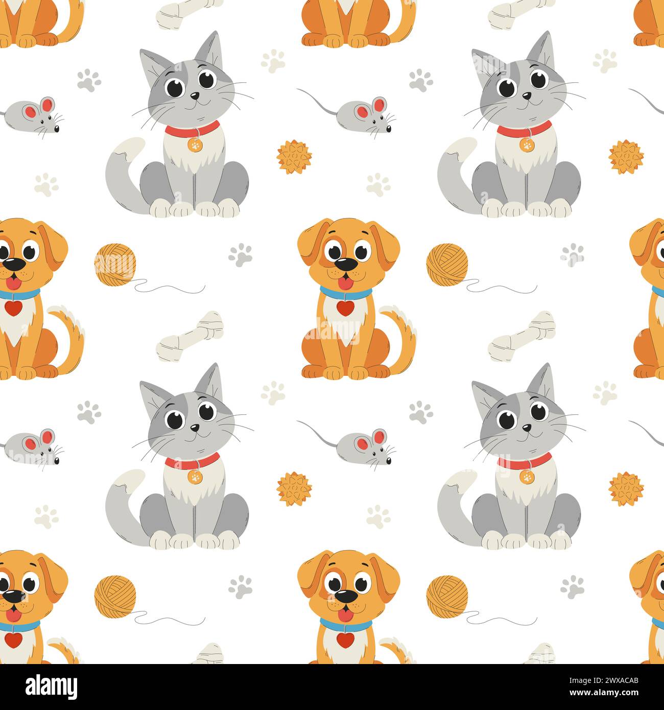 Nahtloses Muster mit Haustieren und Spielzeug für Haustiere. Süße, lächelnde Katze, Hund, Charaktere. Cartoon flache Vektor-Illustrationen auf weißem Hintergrund Stock Vektor