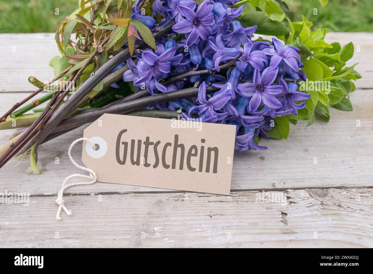 Blumenstrauß aus blauen Hyazinthen und Karte mit deutschem Text: Voucher Stockfoto