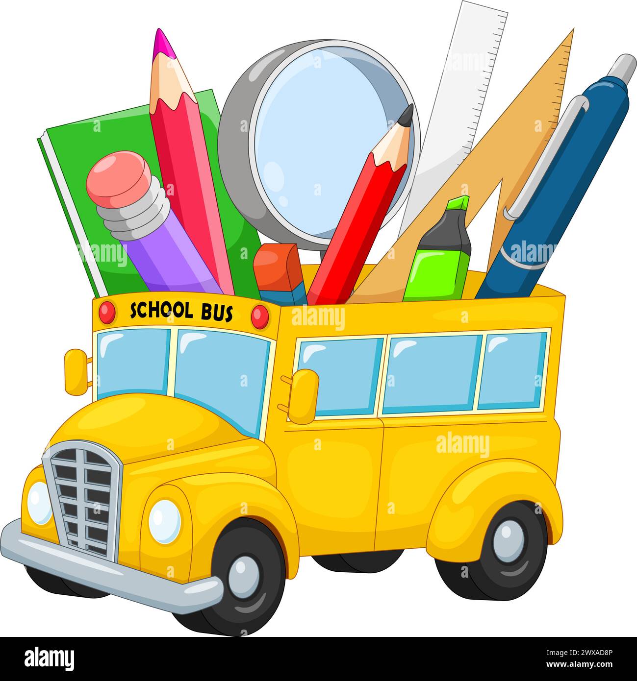 Schulbus mit Schulmaterial-Cartoon Stock Vektor