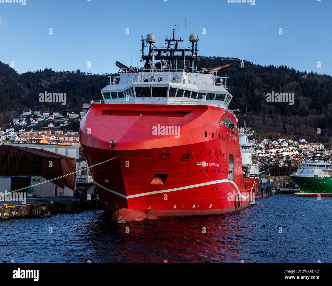 Offshore-Versorgungsschiff Aurora Saltfjord, am Kai Skolten in bergen, Norwegen. Stockfoto