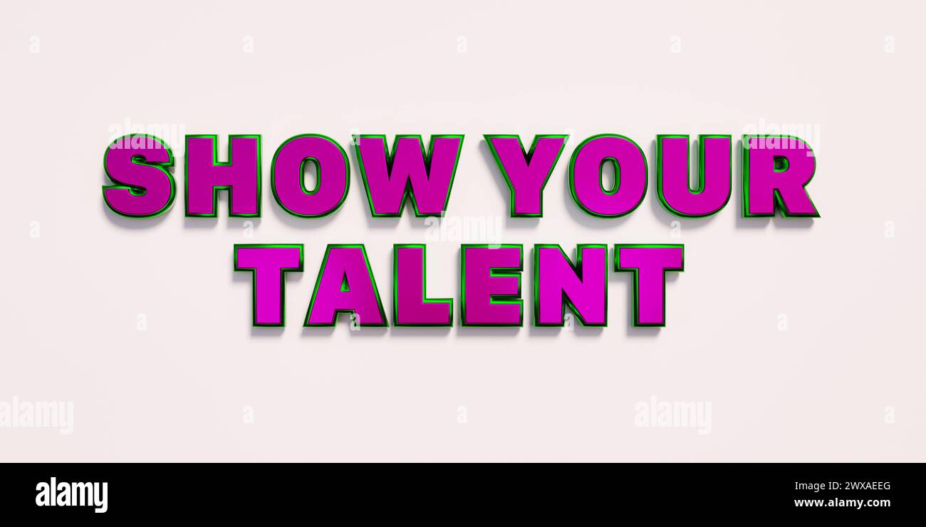 Zeigen Sie Ihr Talent Zeigen Sie Ihr Talent. Worte in violetten Großbuchstaben aus Metall. Bühnenaufführung, Wettbewerb, Rehersal, Vorsprechen. 3D-Illustration Text bann Stockfoto