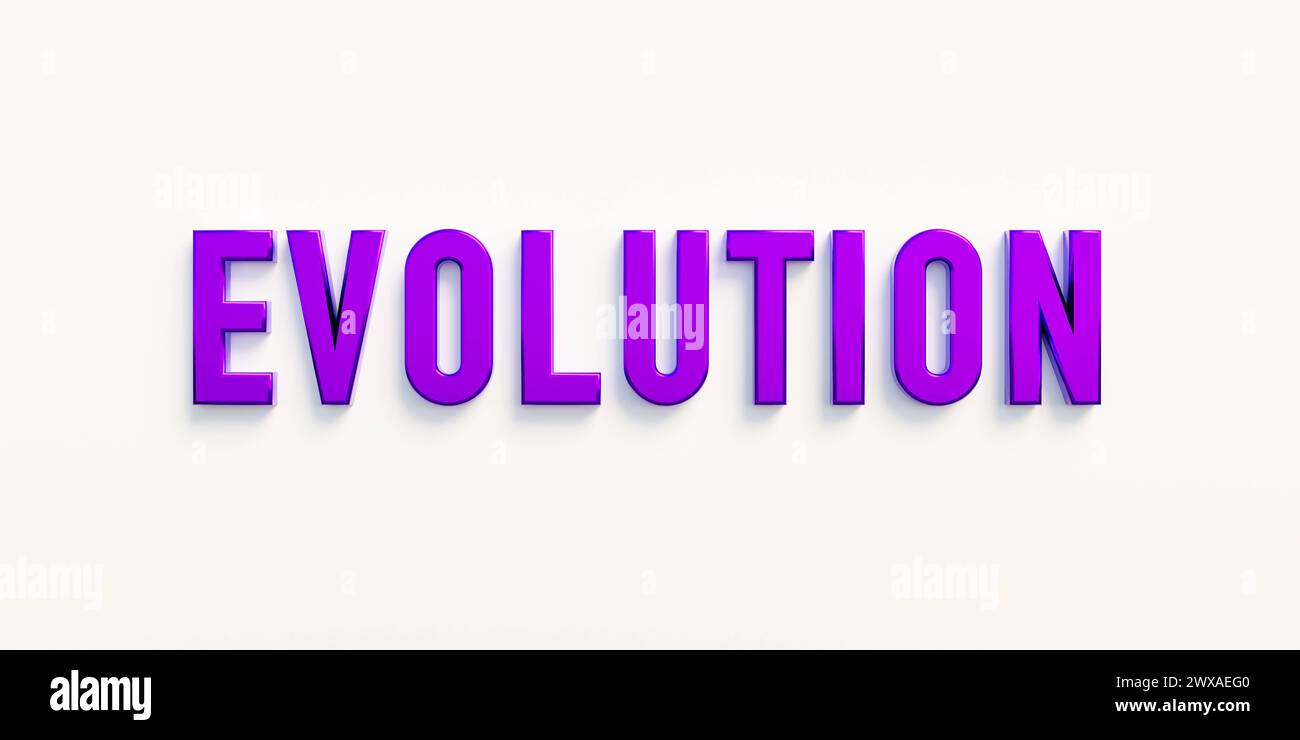 Evolution Evolution, Banner - Schild. Das Wort Evolution in lila Großbuchstaben. Entwicklung, Wachstum, Expansion, Veränderung, natürlicher Prozess. 3D-Illustration Stockfoto