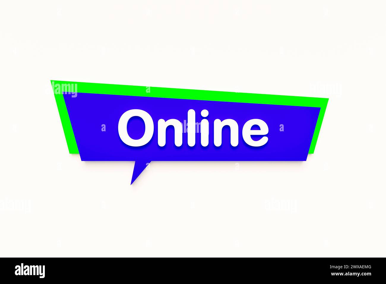 Online Online, farbige Zeichentrickblase, weißer Text. Soziale Medien, Internet, E-Commerce, Online-Business. 3D-Illustration Text Bubble J017 Online Stockfoto