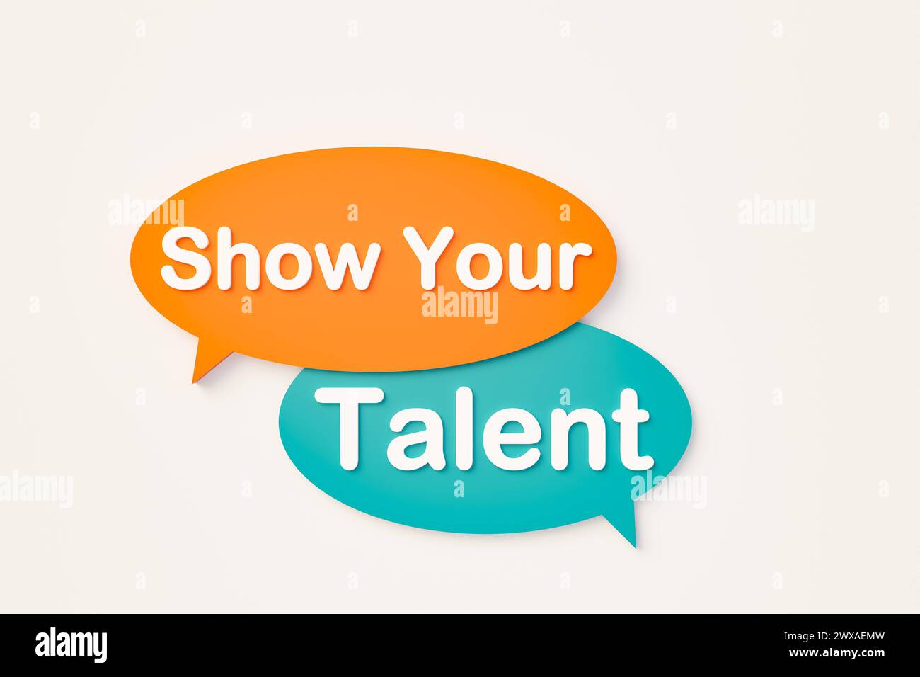 Zeigen Sie Ihr Talent, Online-Sprechblase. Zeigen Sie Ihr Talent. Chatblase in Orange, Blau. Veranstaltung, Unterhaltung, Theater, Probe, Wettbewerb, talen Stockfoto