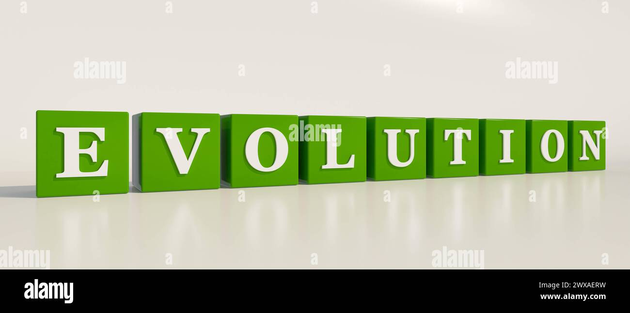 Evolution Evolution, ein Wort. Blaue Würfel mit weißen Buchstaben und der Text, Evolution. 3D-Illustration Text Word dice034 Evolution DATENSATZDATUM NICHT Stockfoto