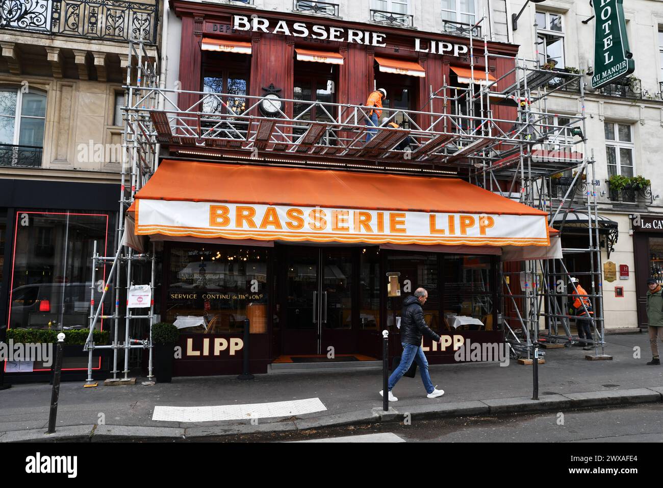 Baustelle in der Brasserie Lipp, Saint-Germain des Prés, Paris, Frankreich Stockfoto