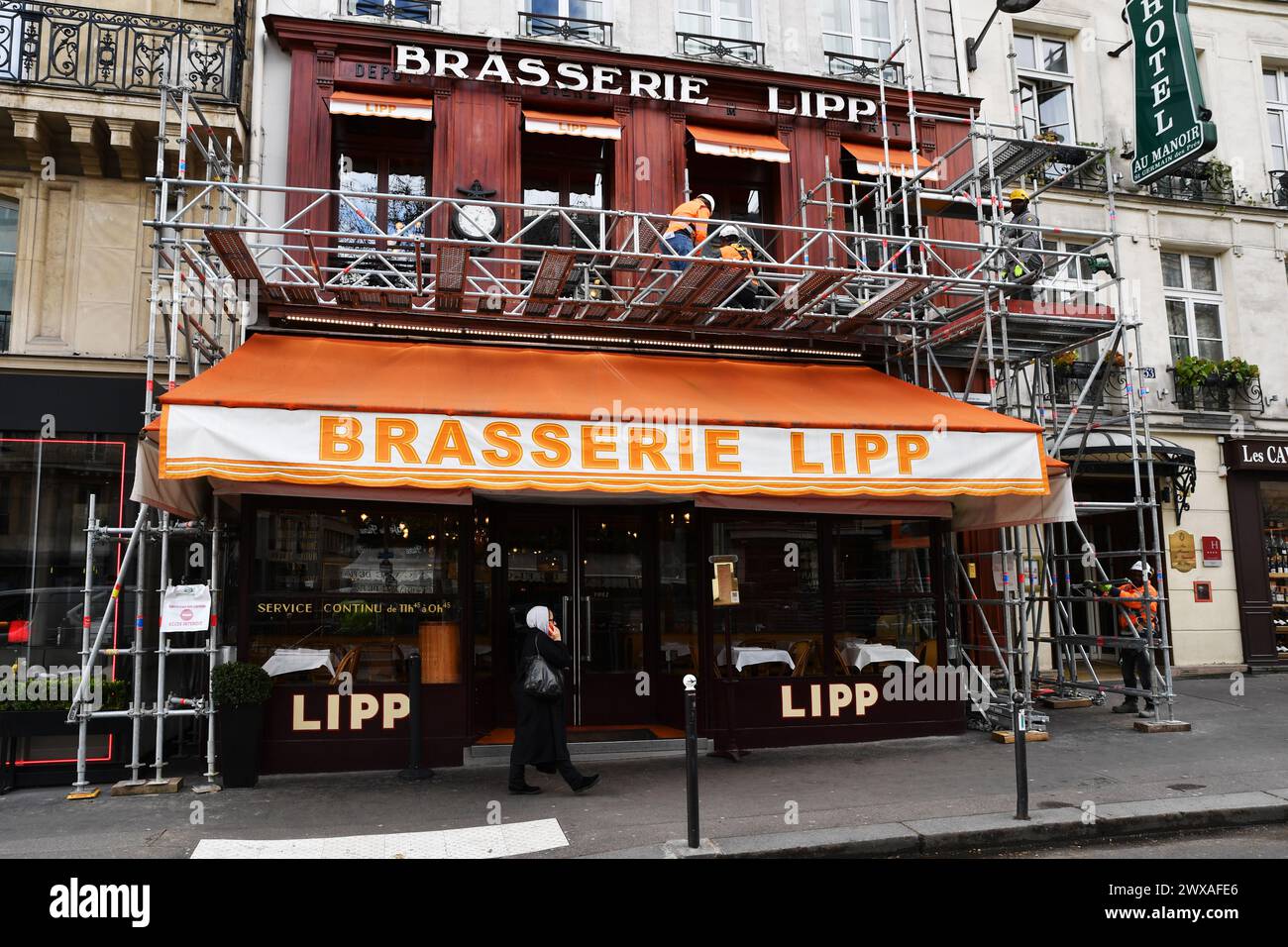 Baustelle in der Brasserie Lipp, Saint-Germain des Prés, Paris, Frankreich Stockfoto