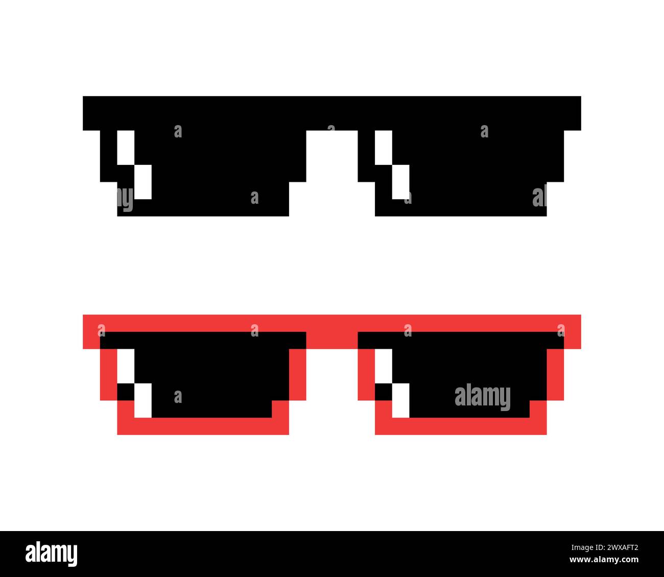 Vektor pixelierte Sonnenbrille, Pixel Boss Brille Icon Set in 8 Bit Retro Stil. Sommer Meme Game 8-Bit Sonnenbrille Design, Mafia Gangster Funky Stock Vektor