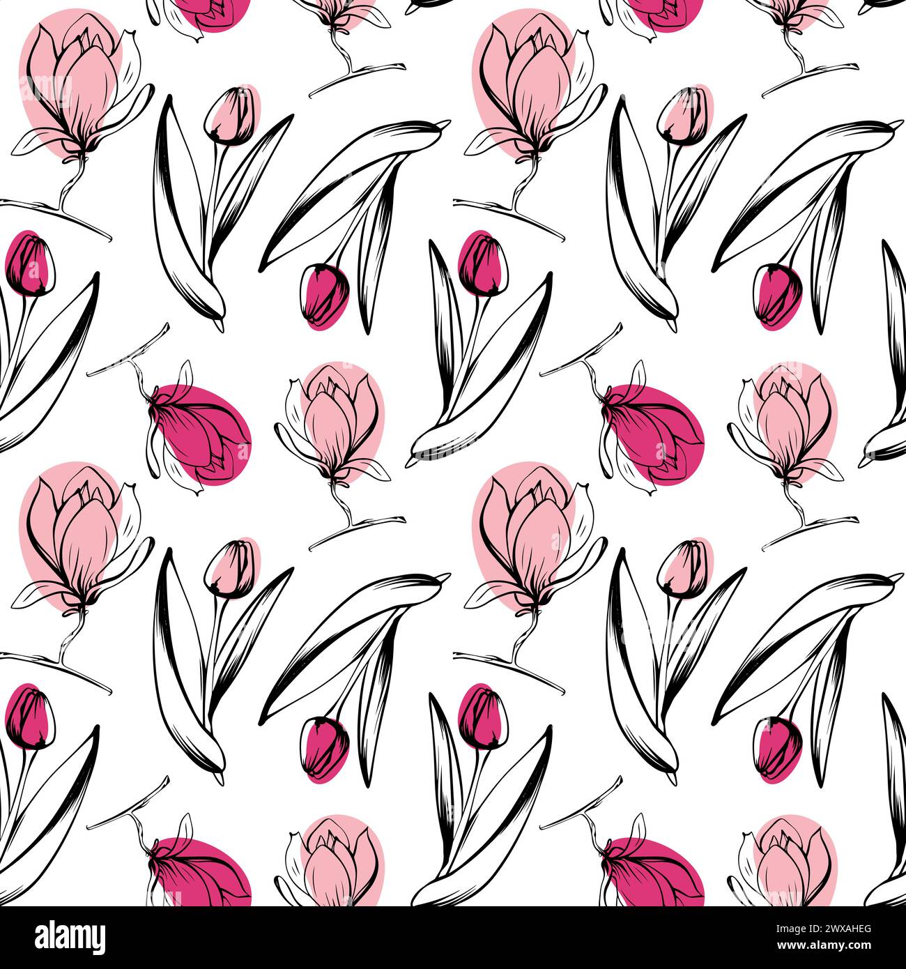 Magnolien- und Tulpenmuster im Sketch-Stil, handgezeichnet auf weißem Hintergrund Stock Vektor