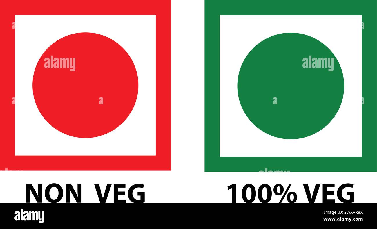 Vegetarisches Schild, Veg-Logo, Veg-Symbol, grünes vegetarisches Zeichen, nicht vegetarisches Zeichen, Nonveg-Logo, NonVeg-Symbol Stock Vektor