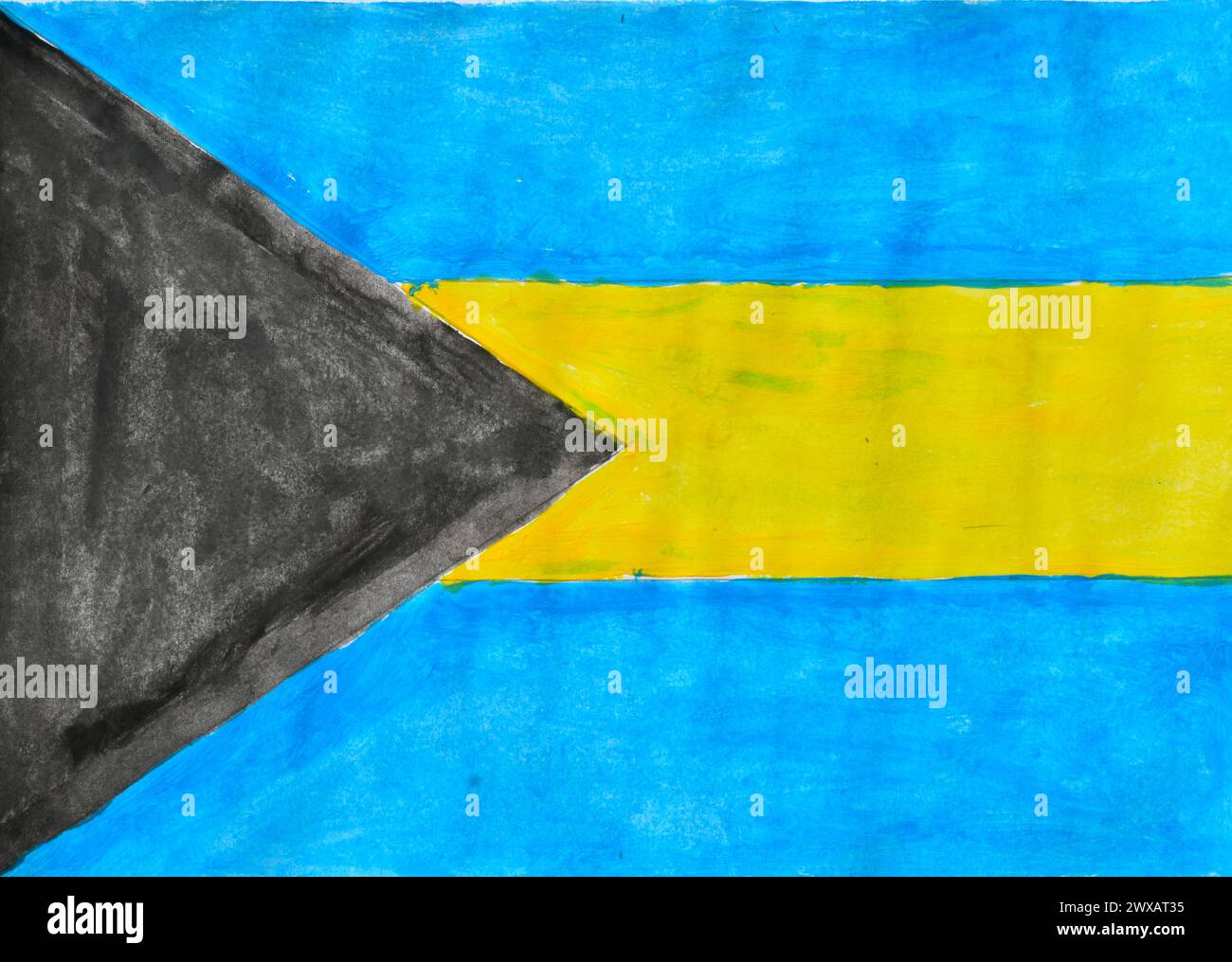 Flagge des Landes der Bahamas mit Aquarellen auf einem Blatt Papier gemalt. Stockfoto