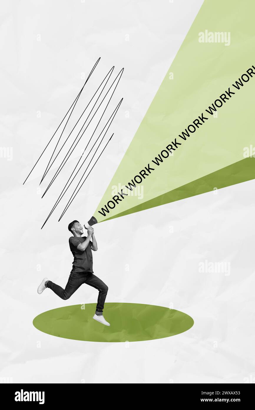 Kreative Kunstwerke Grafiken Collage Malerei von funky aufgeregten Kerl schreiend Bullhorn Einstellung Leute isolierten Zeichenhintergrund Stockfoto