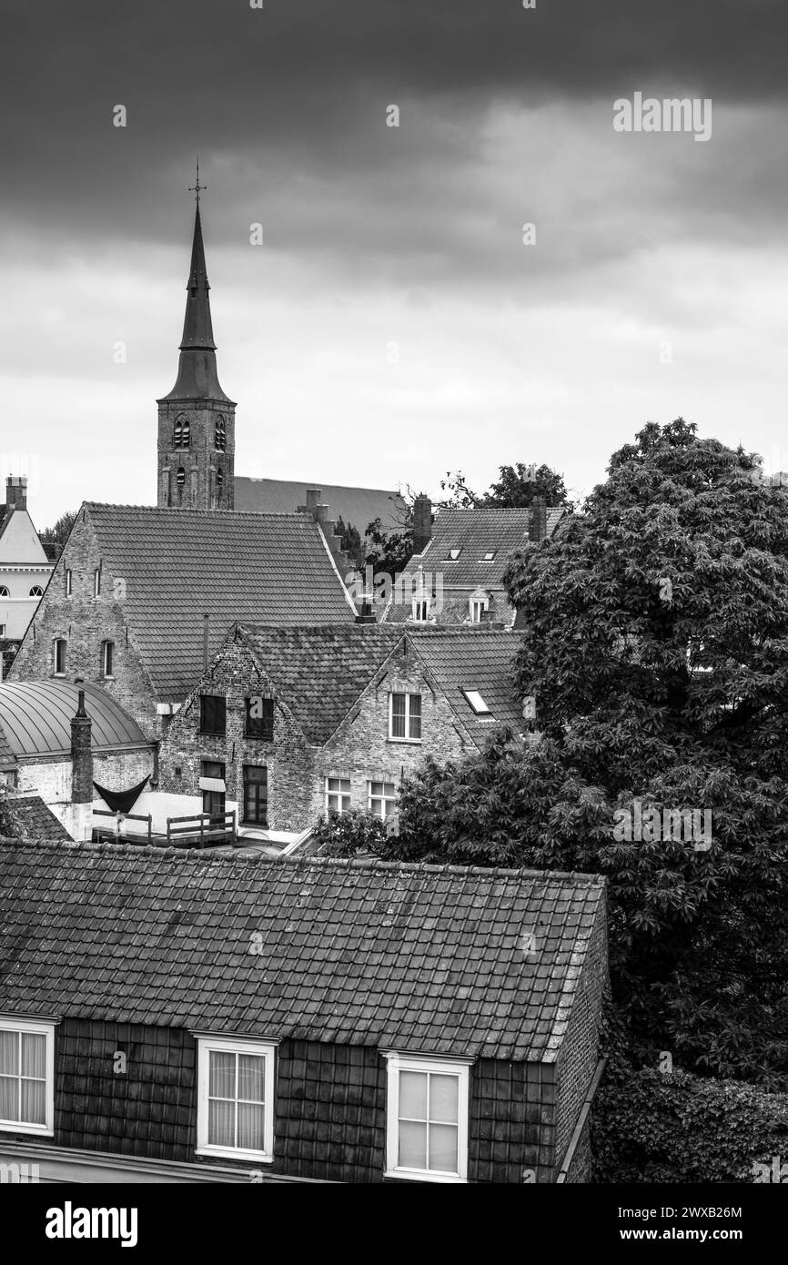 Brügge Altstadtgebäude Dächer, Luftsicht, Schwarzweiß, Brügge, Flämische Region, Belgien Stockfoto