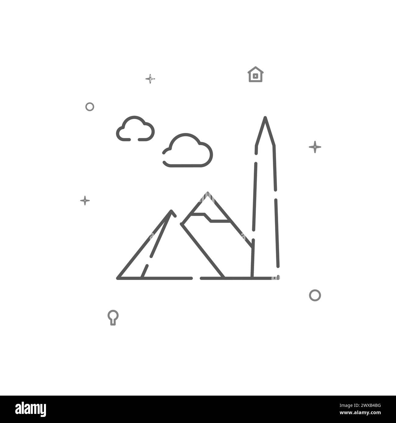 Ägyptische Pyramiden und Obelisk einfache Vektorlinie Symbol. Symbol, Piktogramm, Schild isoliert auf weißem Hintergrund. Bearbeitbare Kontur. Linienstärke anpassen. Stock Vektor