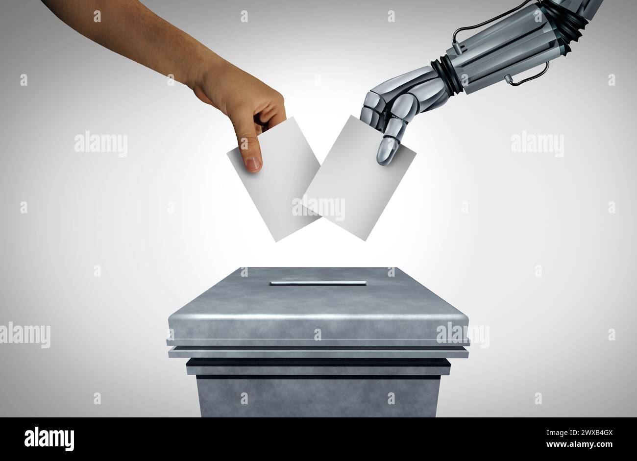 Wahlen und Technologie als Wahl Fragen der digitalen Sicherheit und der Stimmenintegrität als menschlicher Wähler und KI-Roboter, die Wahlen vertreten Stockfoto
