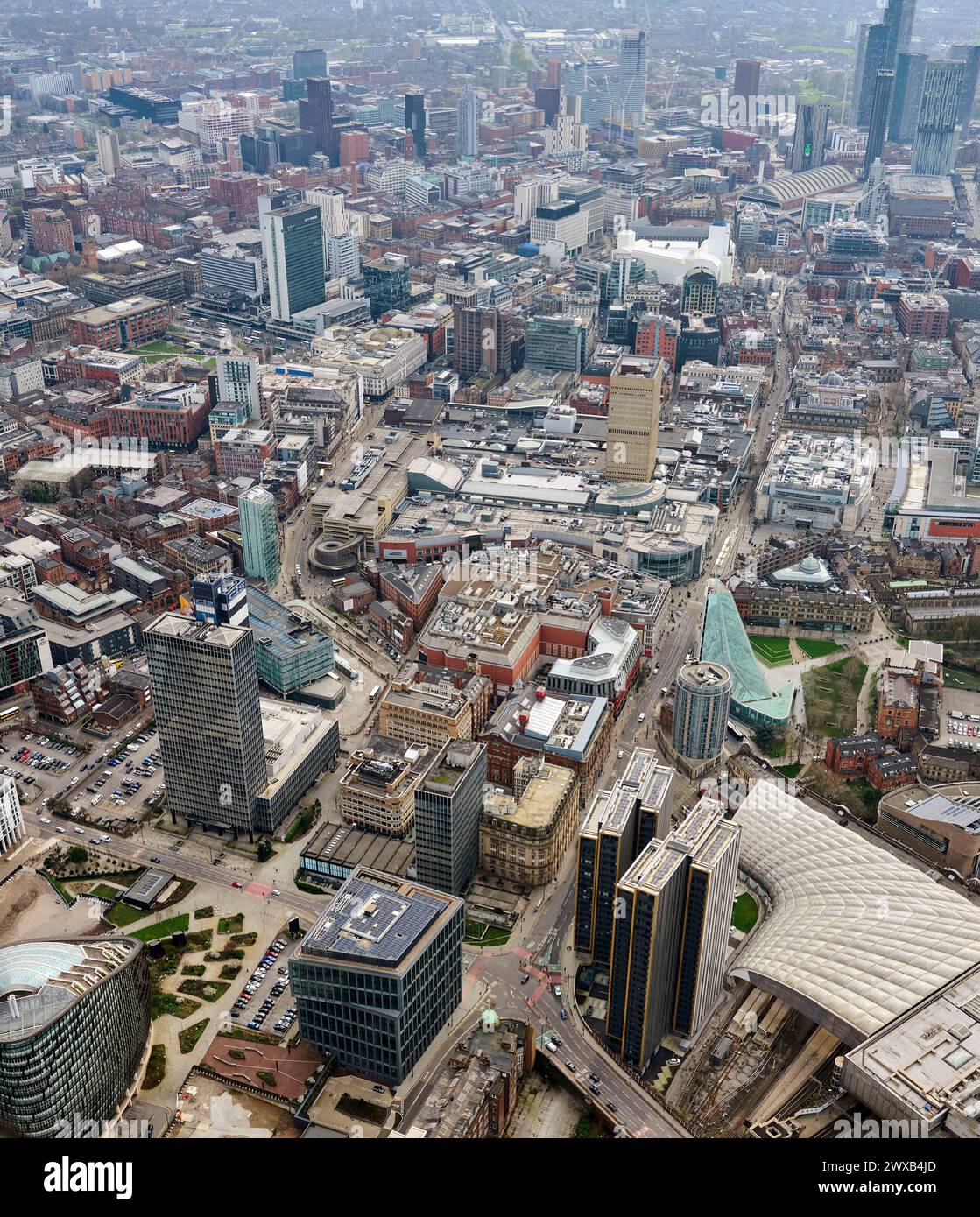 Eine Luftaufnahme des Stadtzentrums von Manchester, Nordwesten Englands, Großbritannien Stockfoto