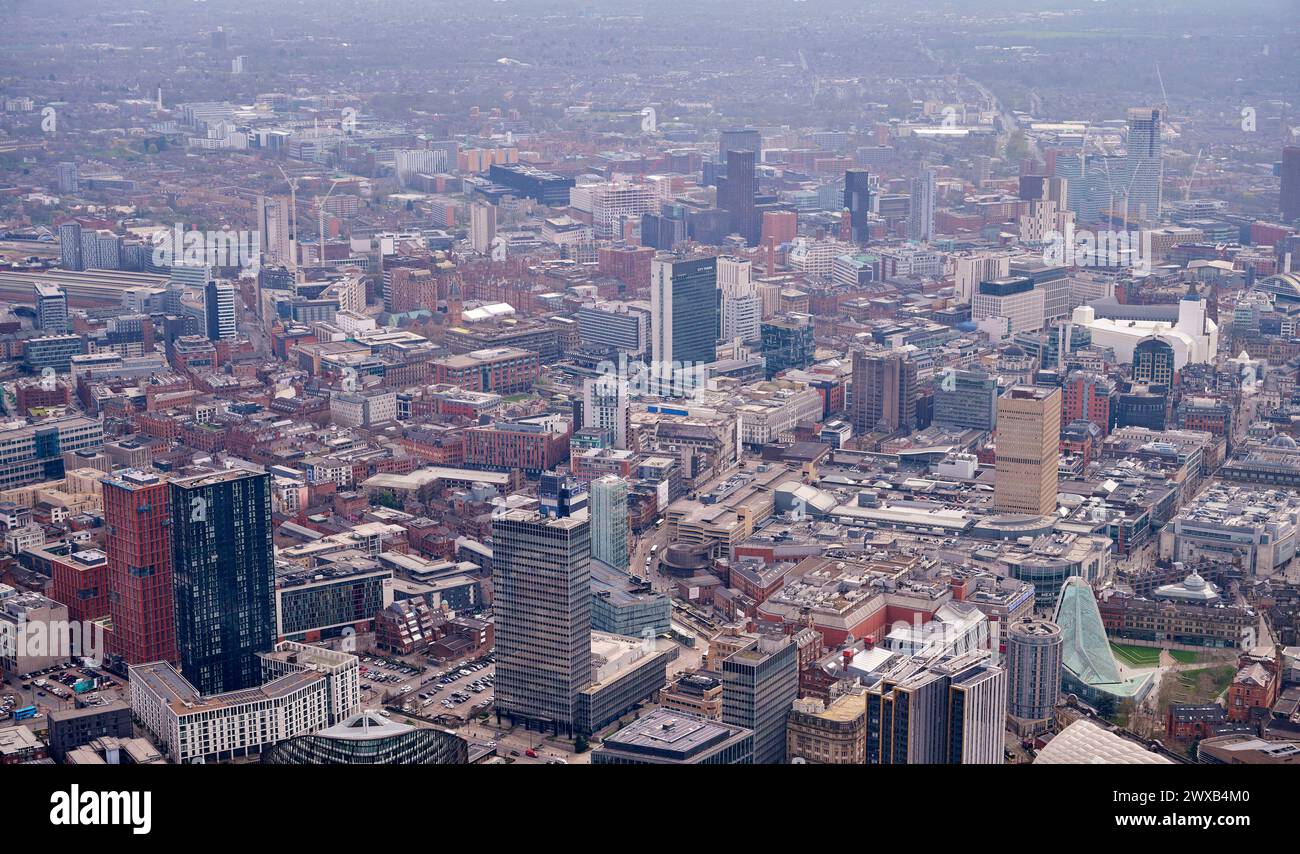 Eine Luftaufnahme des Stadtzentrums von Manchester, Nordwesten Englands, Großbritannien Stockfoto