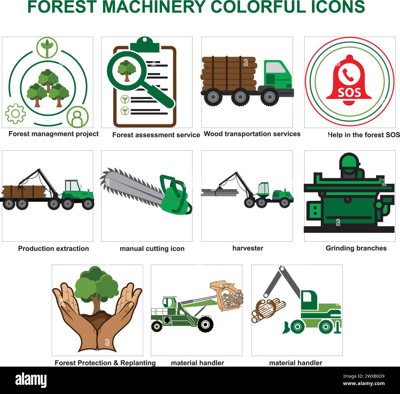 Das „Forest Machinery Vector Icons Set“ Stock Vektor