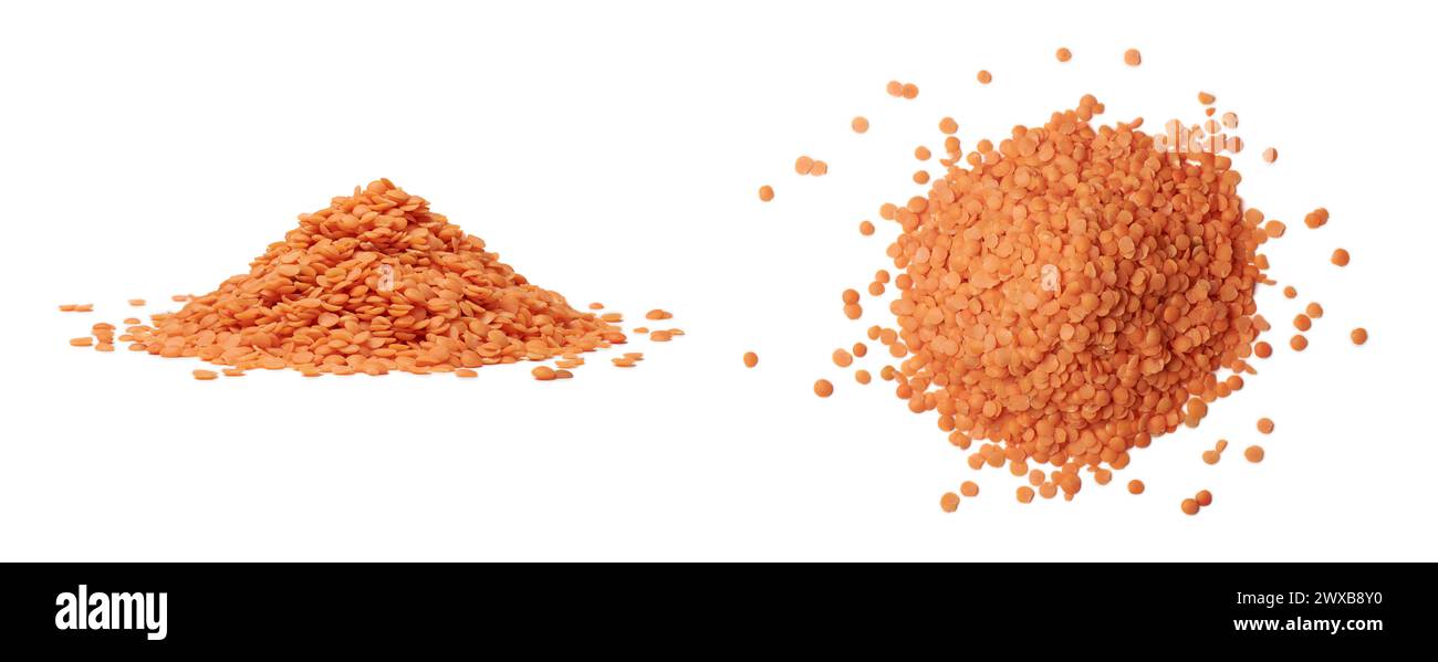 Rote Linsen oder Masoor dal, Hülsenfrüchte verwendet kochen indische, nahöstliche und südasiatische Küche, rötlich orange Farbpulse isolierten weißen Hintergrund Stockfoto