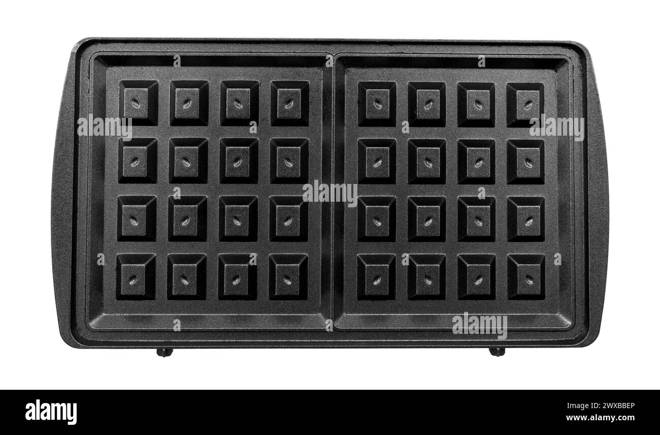 Schwarze abnehmbare Backplatte auf weißem Hintergrund. Waffeln backen Stockfoto