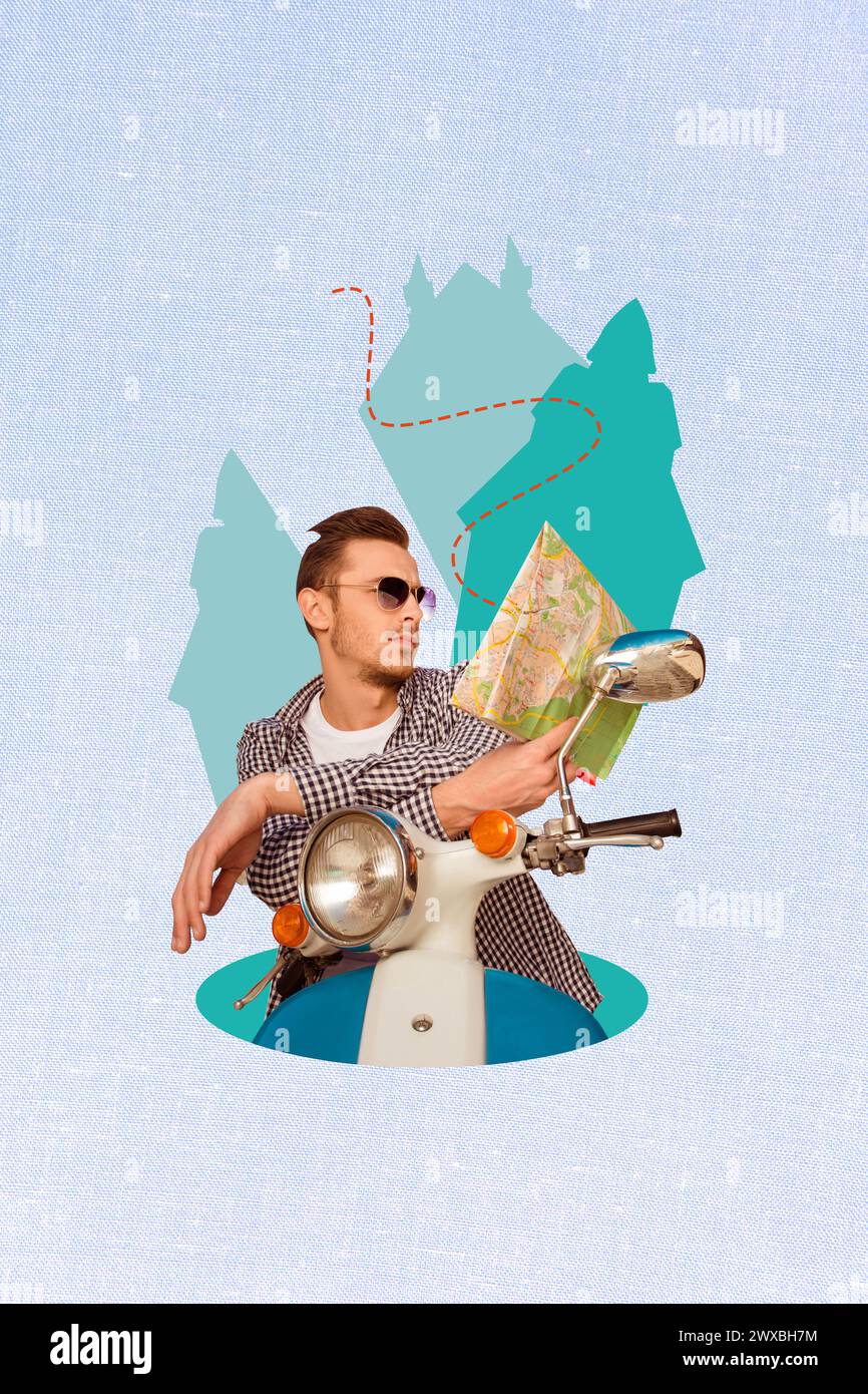 3D-Fotocollage Composite-Trend-Artwork Bild des jungen gutaussehenden Mannes Motorradfahrt auf der Karte finden Sie den richtigen Weg Straße Sommerurlaub Stockfoto