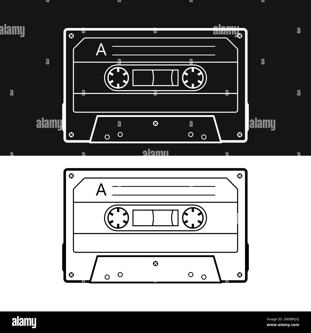 Retro-Audio-Kassettenumriss, ein Vektor-Illustration-Set. Isoliert auf dem schwarz-weißen Hintergrund Stock Vektor