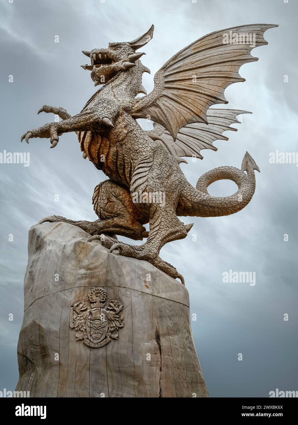 The Taunton Dragon – die spektakuläre vier Meter hohe Skulptur wurde vom örtlichen Kettensägenkünstler Matthew Crabb geschaffen und vor einer großen Menschenmenge enthüllt Stockfoto