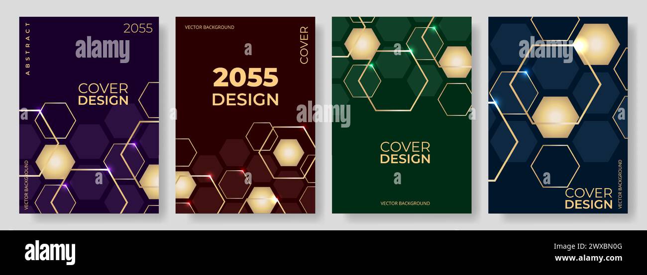 Buntes sechseckiges abstraktes Poster Hintergrund-Vektor-Set. Goldene 3D-Deckschablone für soziale Medien, Poster, Flyer, Banner, Broschüre Stock Vektor