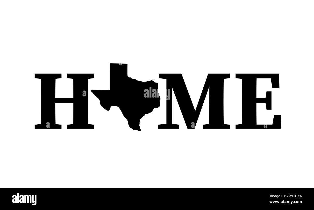 Hausschriftzug mit Karte von Texas. Das patriotische Zeichen der USA. Vektorvorlage für Typografie Poster, Banner, Flyer, Grußkarte usw. Stock Vektor