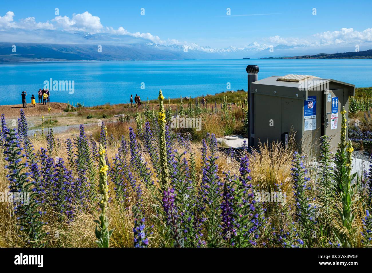 Öffentliche Toilette am Anfang des Lake Pukaki Shoreline Walk, Region Canterbury, Südinsel, Neuseeland Stockfoto