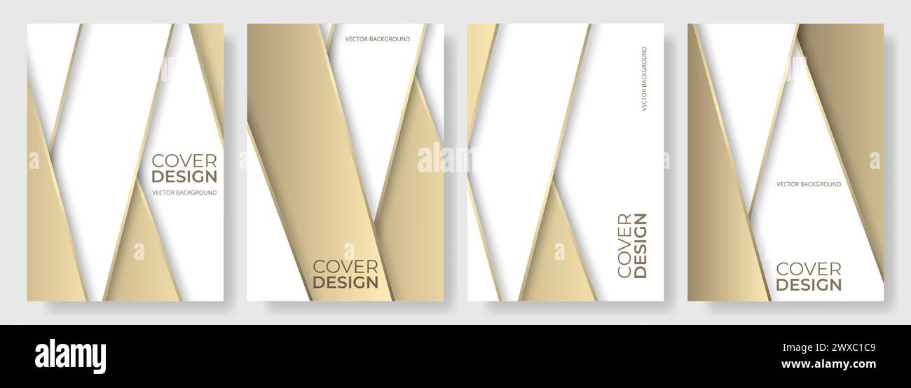Set aus abstraktem, vertikalem 3D-Cover in weiß und Gold. Geometrische Vektorvorlage für Poster. Luxuriöser abstrakter Hintergrund für den Geschäftsbericht, Corporate Stock Vektor