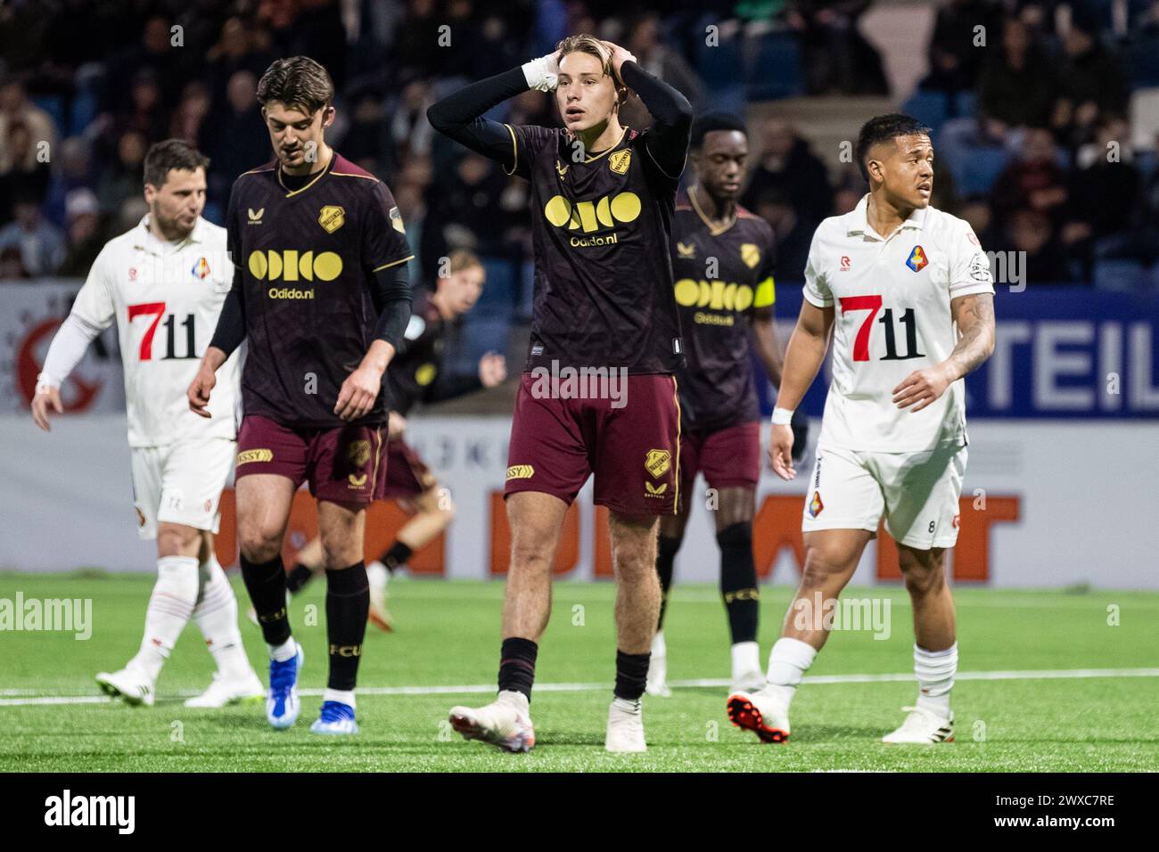 VELSEN, 29-03-2024, 711 Stadion. Niederländischer Fußball, Keuken Kampioen Divisie, KKD, Saison 2023/2024. Jong FC Utrecht Spieler Jesse van de Haar reagiert während des Spiels Telstar - Jong FC Utrecht (Endpunktzahl 5:1). Beschreibung: Pro Shots/Alamy Live News Stockfoto