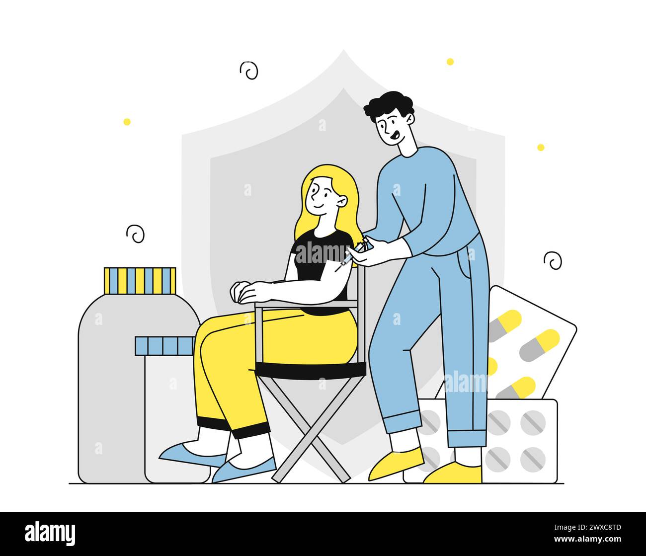 Frau mit Impfvektor linear Stock Vektor