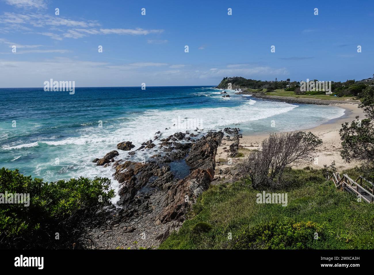 Pebbly Beach in Forster, NSW, Australien, liegt an der Küste von Forsters Main Beach, nur einen kurzen Spaziergang entlang des Bicentennial Walk entfernt. Es ist berühmt Stockfoto