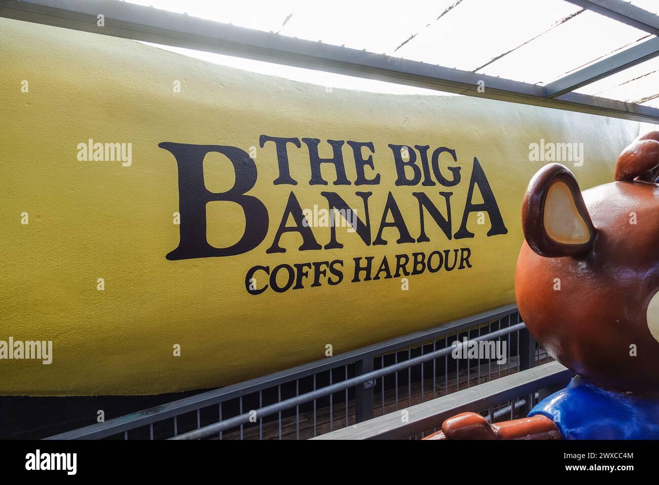 Die Big Banana ist eine berühmte Touristenattraktion in Coffs Harbour, Australien, berühmt für ihre große Glasfaser-Bananenstruktur Stockfoto