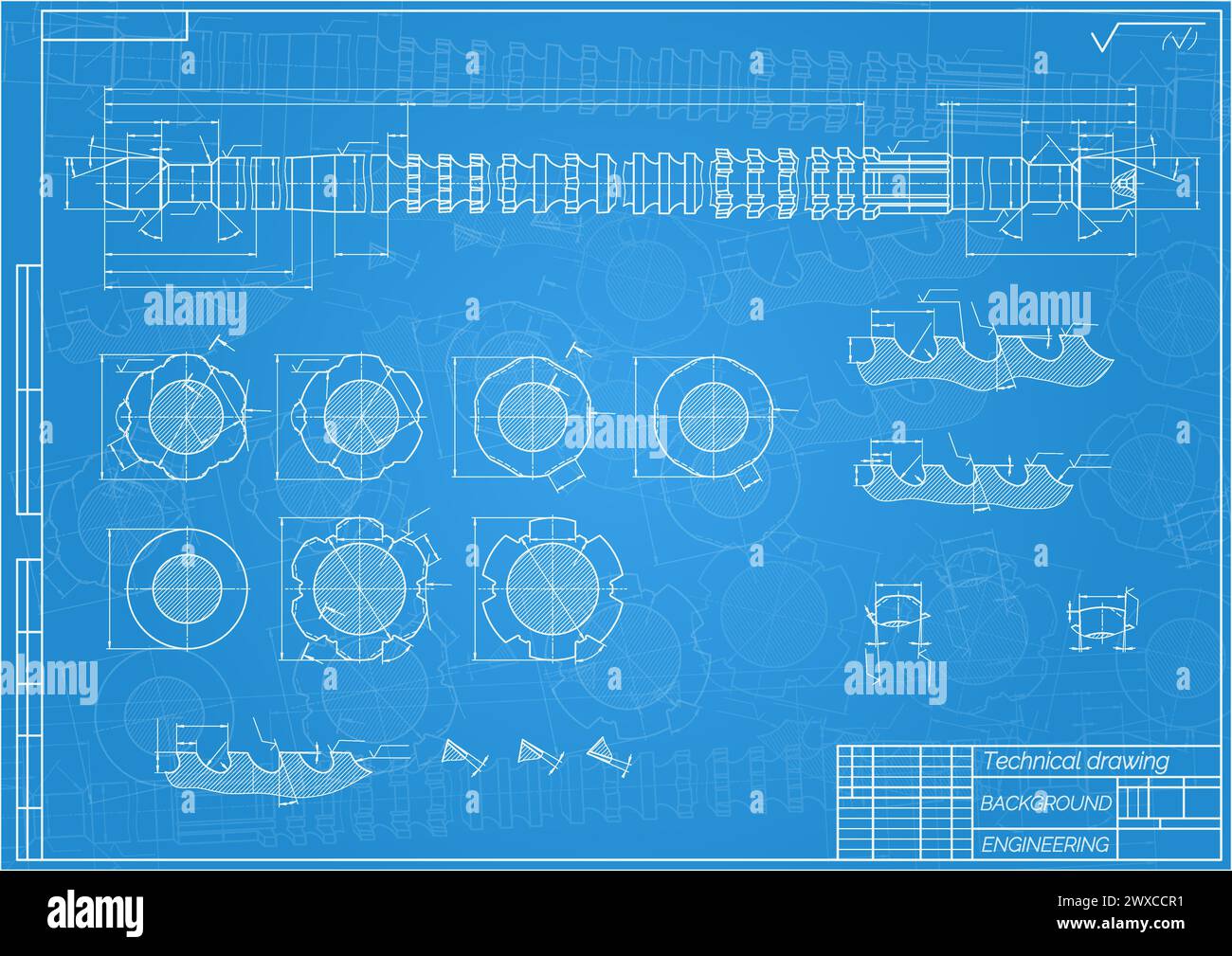 Maschinenbauzeichnungen auf blauem Hintergrund. Brosche. Technisches Design. Abdeckung. Blueprint. Vektorabbildung. Stock Vektor