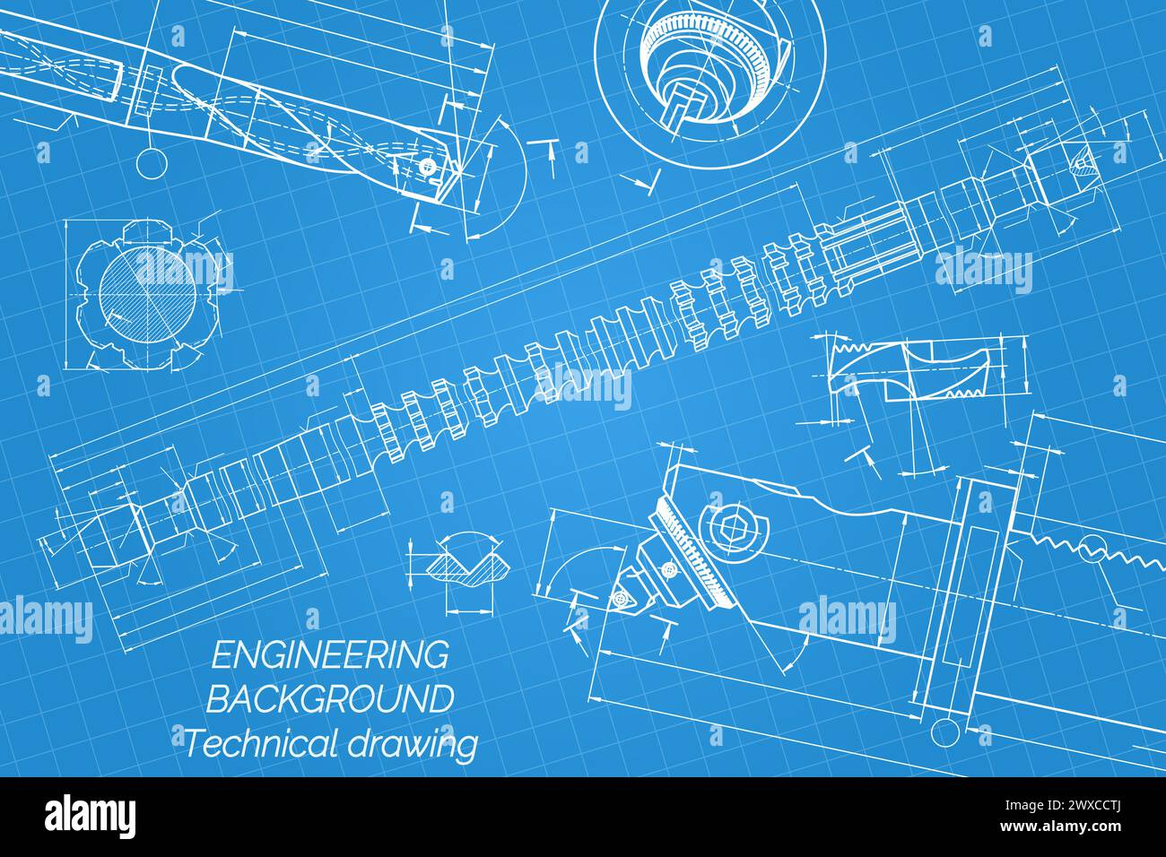 Maschinenbauzeichnungen auf blauem Hintergrund. Bohrwerkzeuge Bohrer. Bohrstange mit mikrometrischer Einstellung. Brosche. Technisches Design. Abdeckung Stock Vektor
