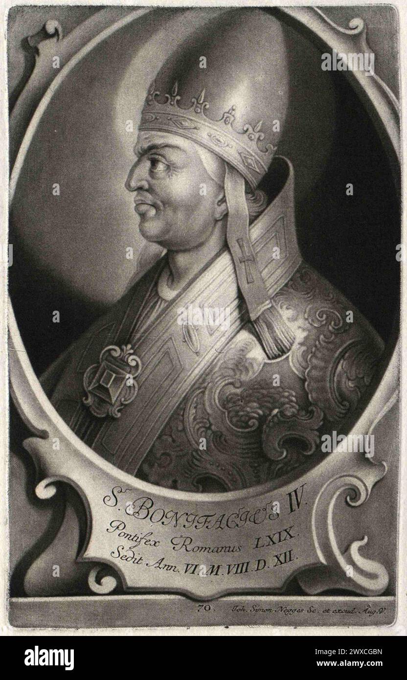 Ein Stich von Papst Bonifatius IV. Aus dem Jahr 1580, der von 608 bis 615 Jahre alt war. Er war der 67. Papst. Stockfoto