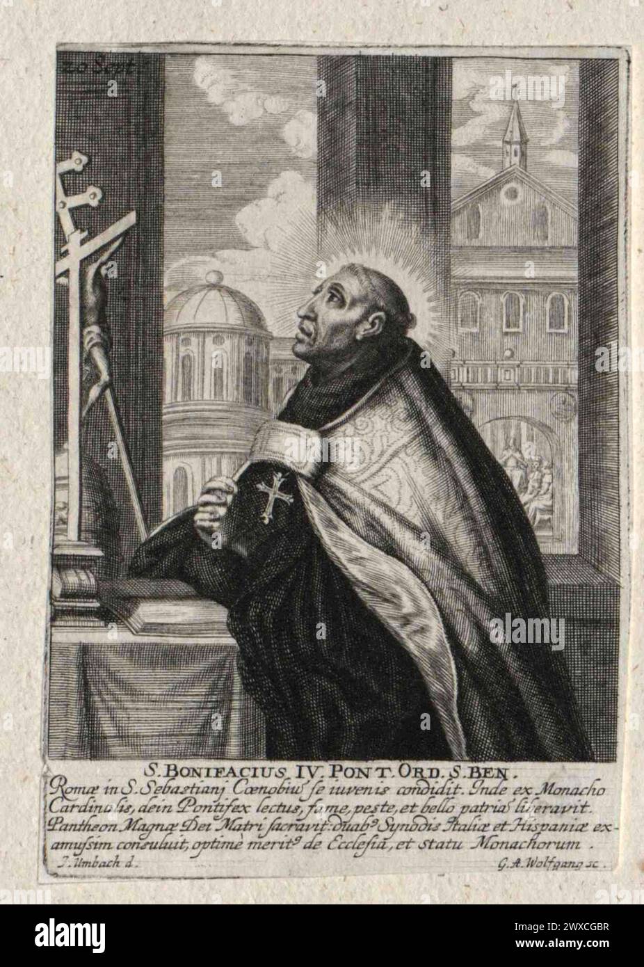 Ein Stich von Papst Bonifatius IV. Aus dem Jahr 1580, der von 608 bis 615 Jahre alt war. Er war der 67. Papst. Stockfoto